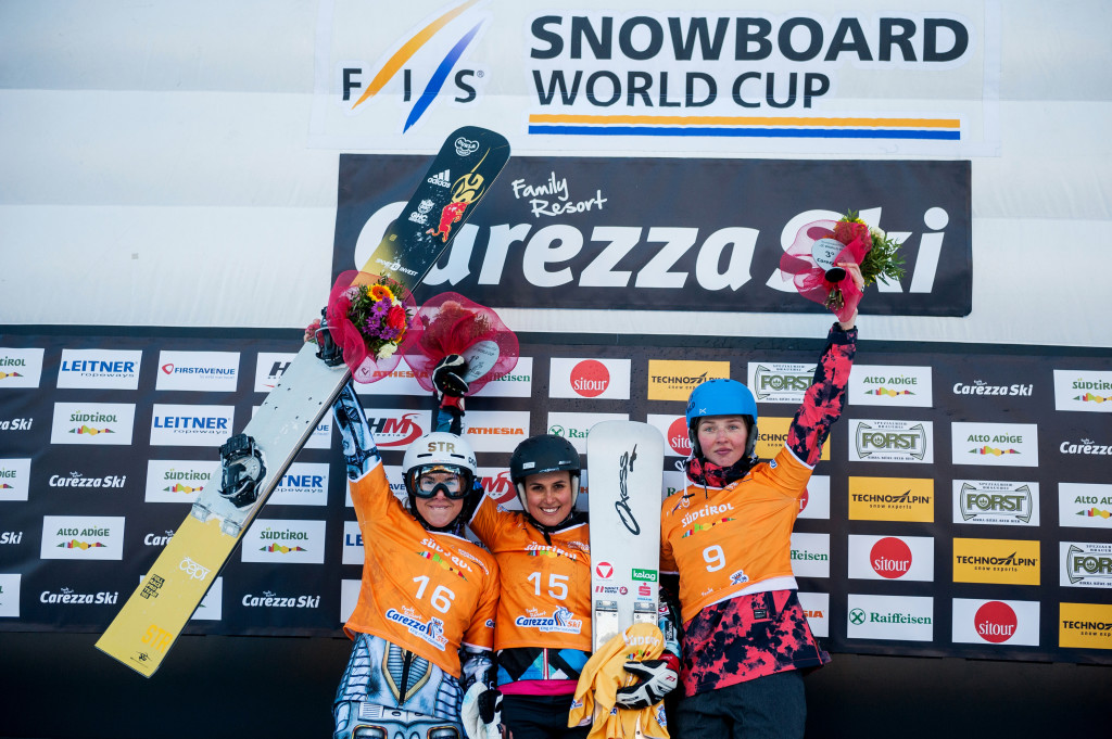 FIS Snowboard World Cup - Carezza ITA - PGS - Women's podium with 2nd LEDECKA Ester CZE, 1st  MESCHIK Ina AUT, 3rd ZAVARZINA Alena RUS © Miha Matavz