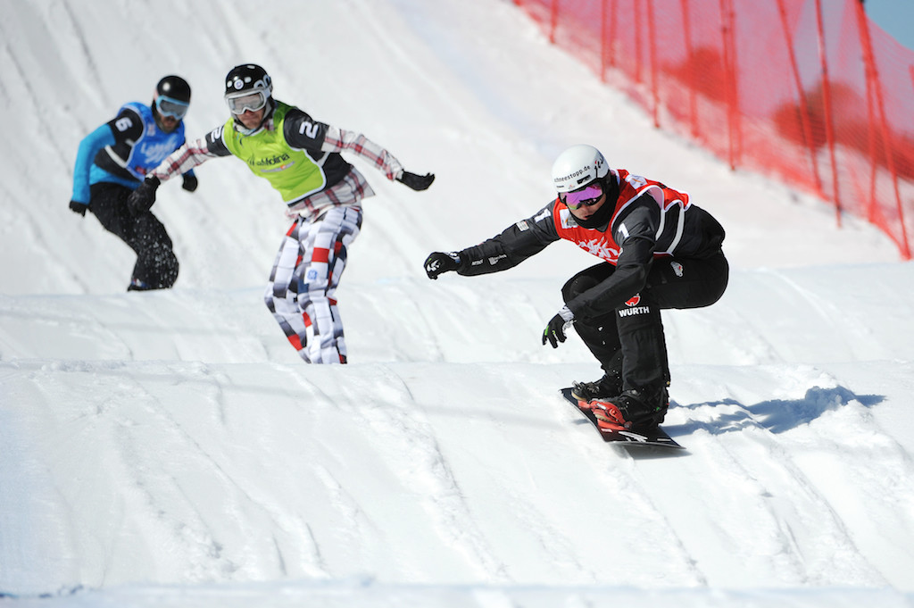 FIS Snowboard World Cup - La Molina SPA - SBX - Finals - Paul Berg (GER) in Red, Nikolay Olyunin (RUS) in Green and Regino Hernandez (SPA) in Blue