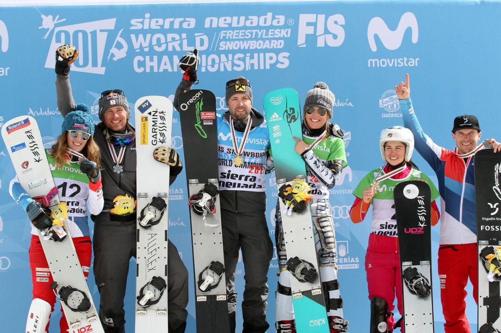 Top-3 women and men PGS Sierra Nevada 2017 FIS Snowboard World Championships - 2nd Patrizia Kummer (SUI), Benjamin Karl (AUT), 1st Andreas Prommegger (AUT), Ester Ledecka (CZE), 3rd Ekaterina Tudegesheva (RUS), Nevin Galmarini (SUI)