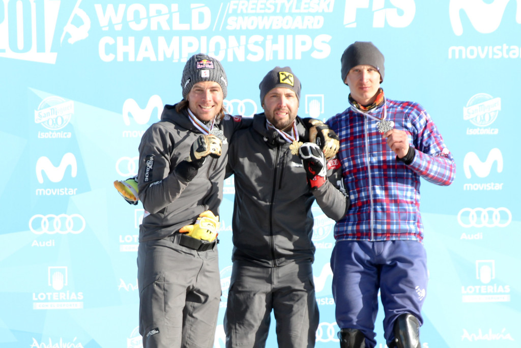 Men's Podium PSL Sierra Nevada 2017 FIS Snowboard World Championships - 2nd Benjamin Karl (AUT), 1st Andreas Prommegger (AUT), 3rd Andrey Sobolev (RUS)