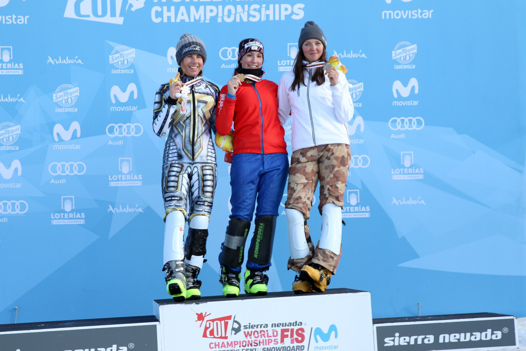 Women's Podium PSL Sierra Nevada 2017 FIS Snowboard World Championships - 2nd Ester Ledecka (CZE), 1st Daniela Ulbing (AUT), 3rd Alena Zavarzina (RUS)