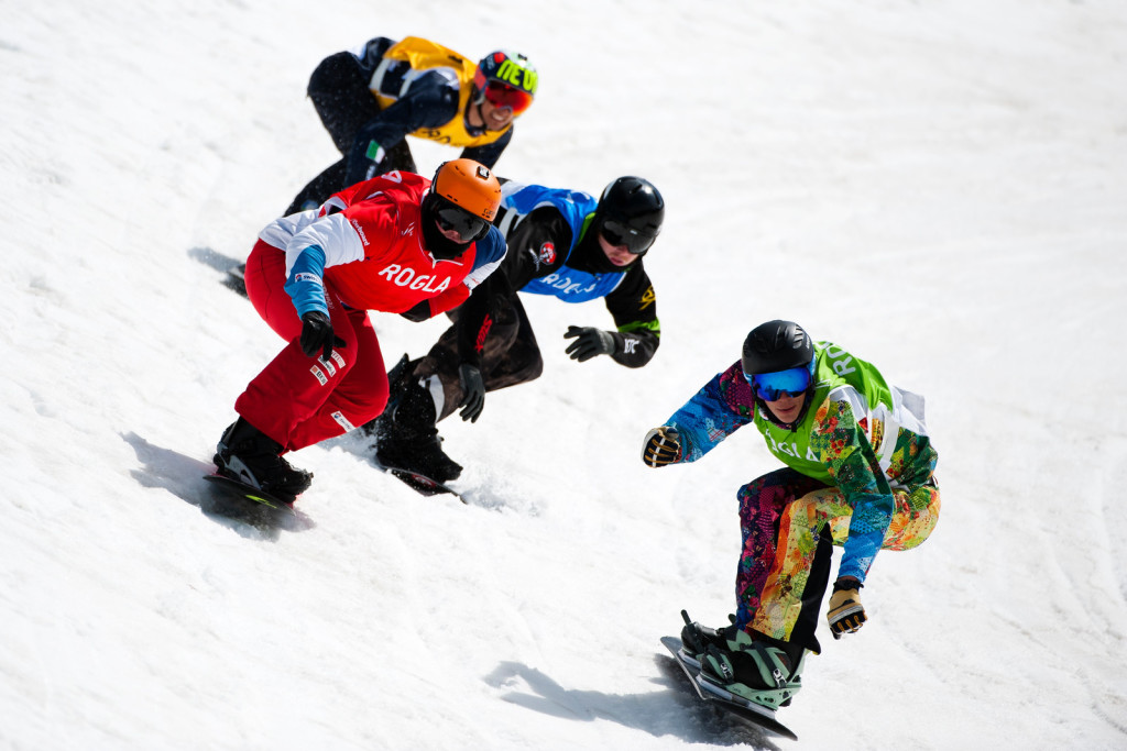 FIS Junior World Championships - Rogla SLO - SBX - KOBLET Kalle SUI in Red, ANISIMOV Andrey RUS in Green, ROLEY Sean USA in Blue and CATAPANO Lorenzo ITA in Yellow © Miha Matavz/FIS