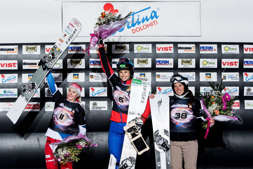 FIS Snowboard World Cup - Cortina d'Ampezzo ITA - PSL - Women's podium with 2nd ZOGG Julie SUI, 1st SCHOEFFMANN Sabine AUT, 3rd SOBOLEVA Natalia RUS © Miha Matavz
