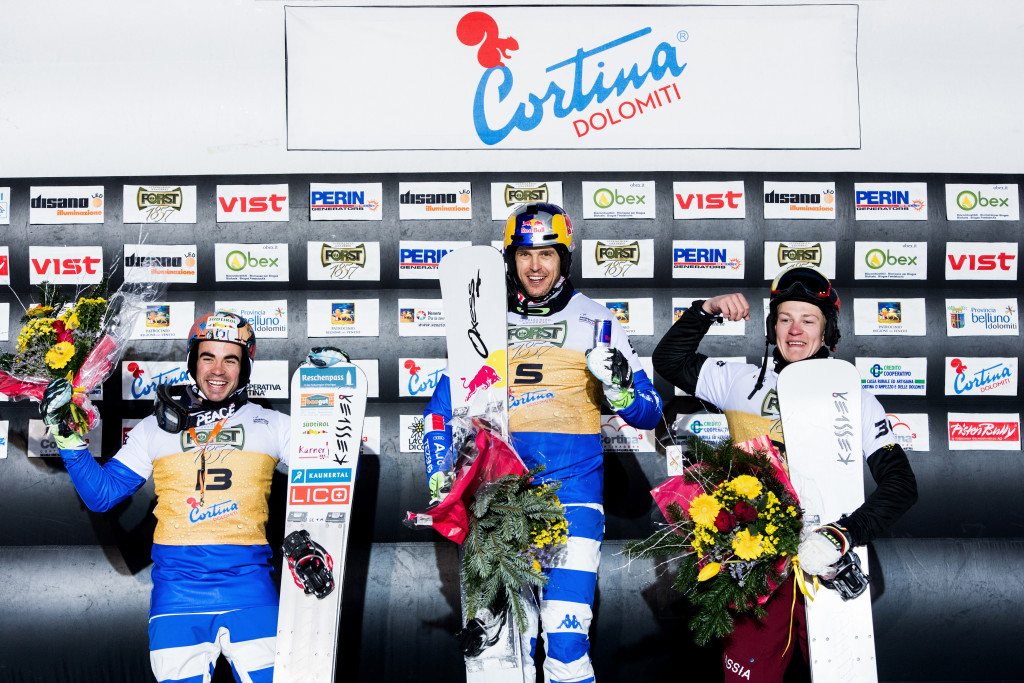 FIS Snowboard World Cup - Cortina d'Ampezzo ITA - PSL - Men's podium with 2nd CORATTI Edwin ITA, 1st FISCHNALLER Roland ITA, 3rd LOGINOV Dmitry RUS © Miha Matavz