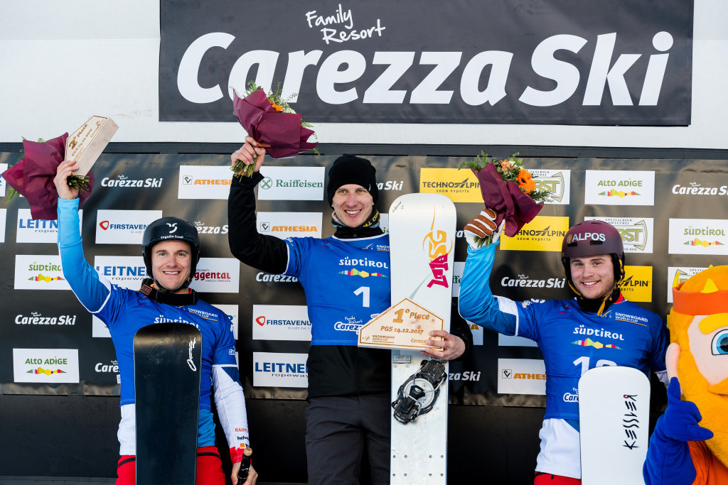 FIS Snowboard World Cup - Carezza ITA - PGS - Men's podium with 2nd GALMARINI Nevin SUI, 1st  SOBOLEV Andrey RUS, 3rd CAVIEZEL Dario SUI © Miha Matavz