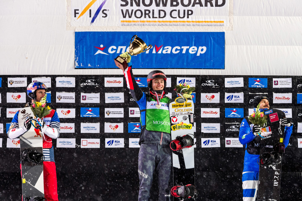 FIS Snowboard World Cup - Moscow RUS - SBX - Men's podium with 2nd VAULTIER Pierre FRA, 1st HAEMMERLE Alessandro AUT and 3rd VISINTIN Omar ITA © Miha Matavz/FIS