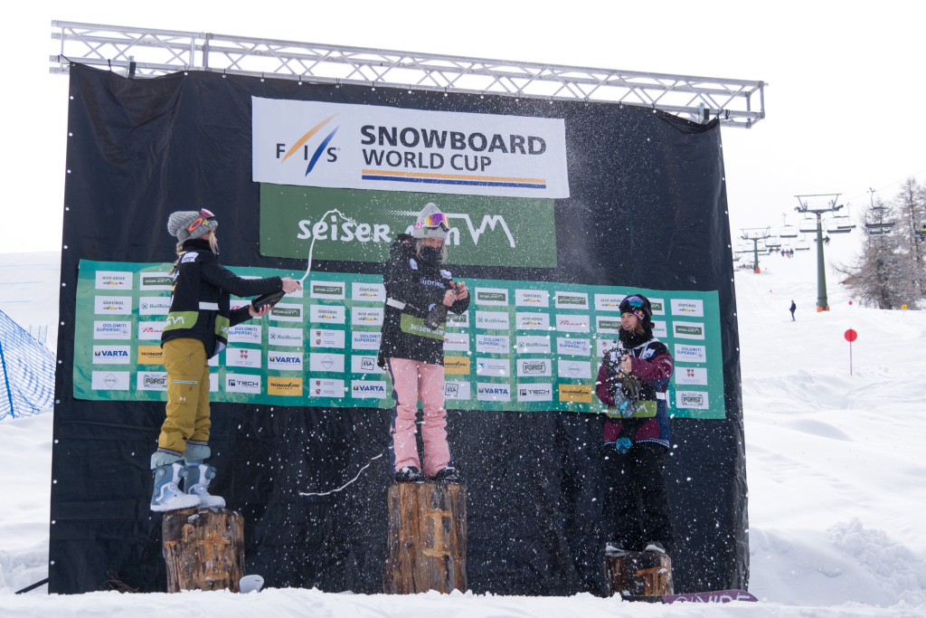 Ladies' slopestyle podium at the World Cup event in Seiser Alm (ITA). ltr 2nd Silje Norendal (NOR), 1st Sofya Fedorova (RUS), 3rd Sarka Pancochova (CZE). Photo: Mateusz Kielpinski (FIS).